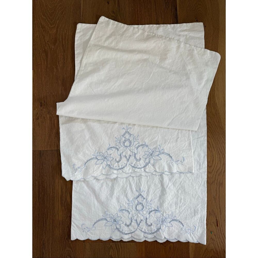 2 Vintage Queen Size Pillowcases Blue Edged Battenburg Lace Detail Scalloped End